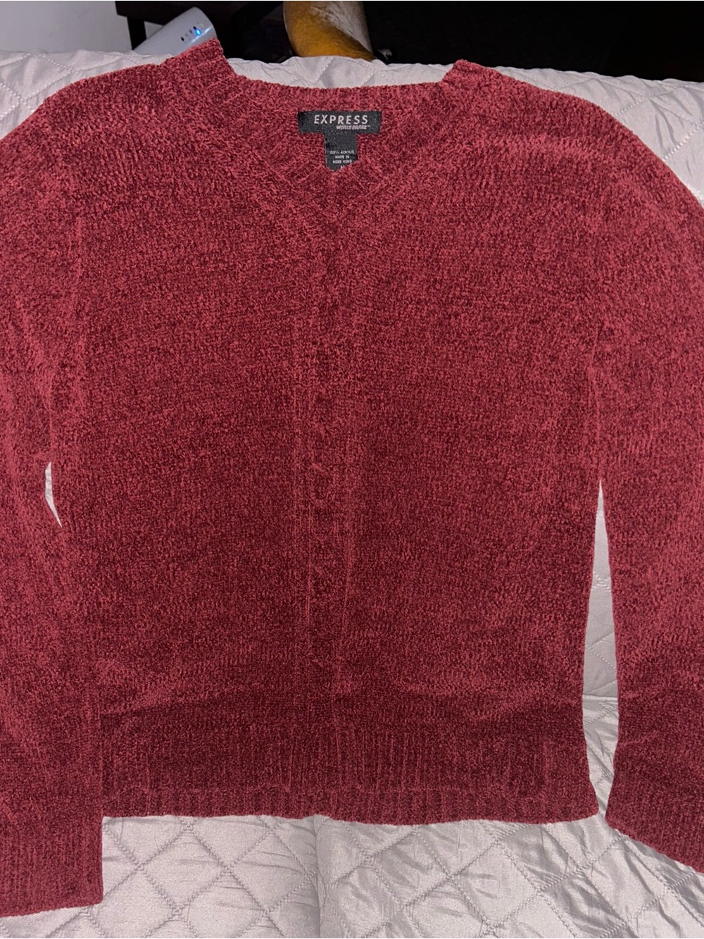 Vintage 90’s Express Chenille V-Neck Sweater in deep burgundy. Great condition